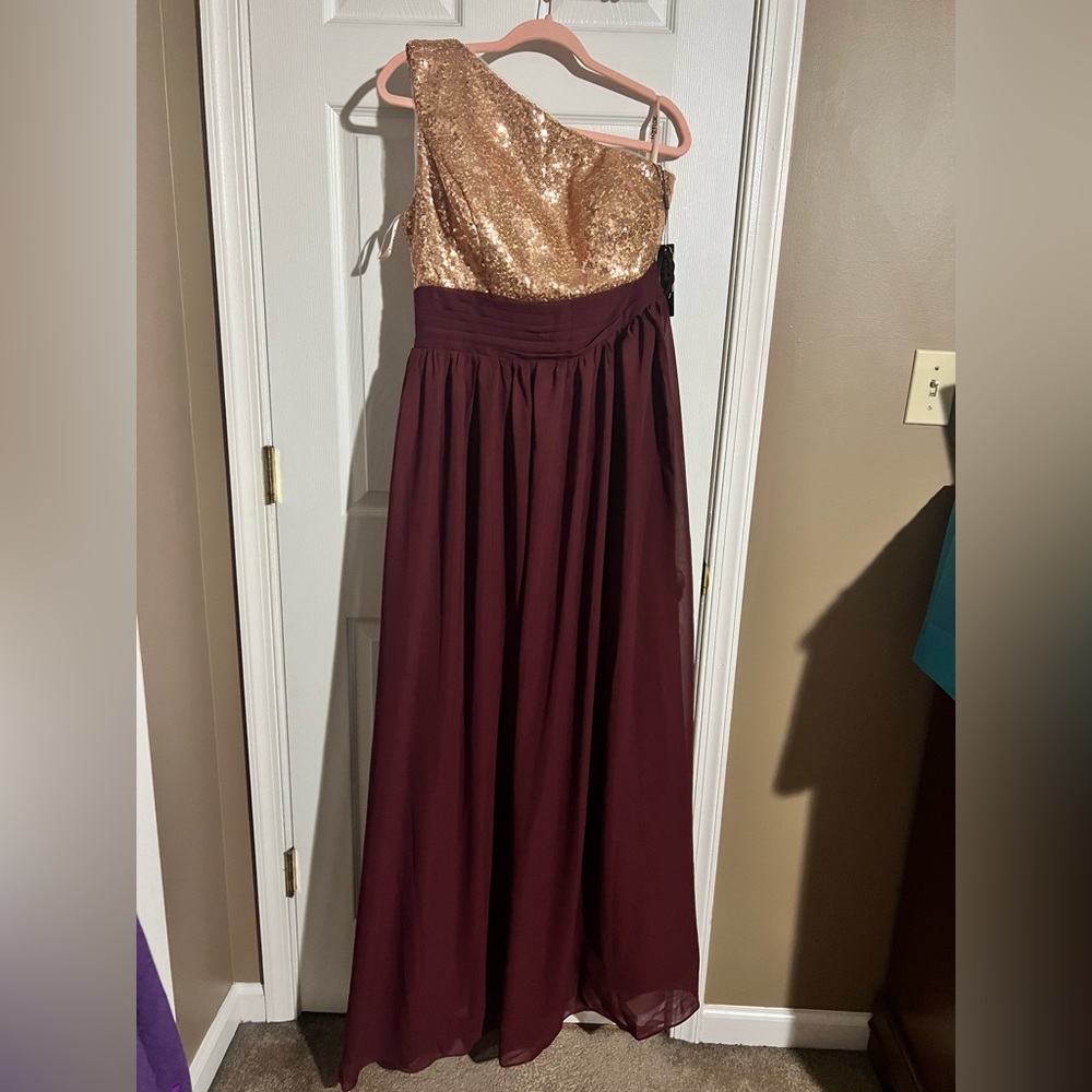 One shoulder formal gown, gold top with burgundy chiffon bottom skirt size 14